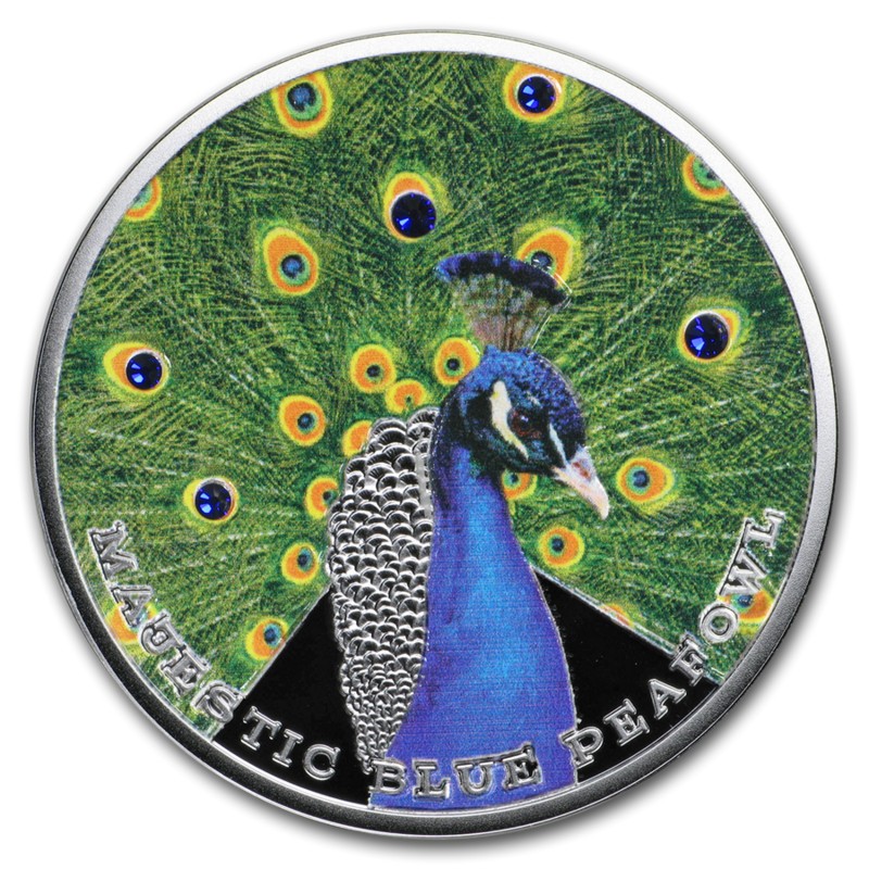 Серебряная монета Ниуэ "Величественный синий павлин" 2019 г.в., 31,1 г чистого серебра (Проба 0,999)