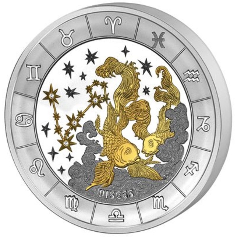 Серебряная  монета Руанды "Знаки Зодиака. Рыбы" 2009 г.в., 93,3 г чистого серебра (Проба 0,999)