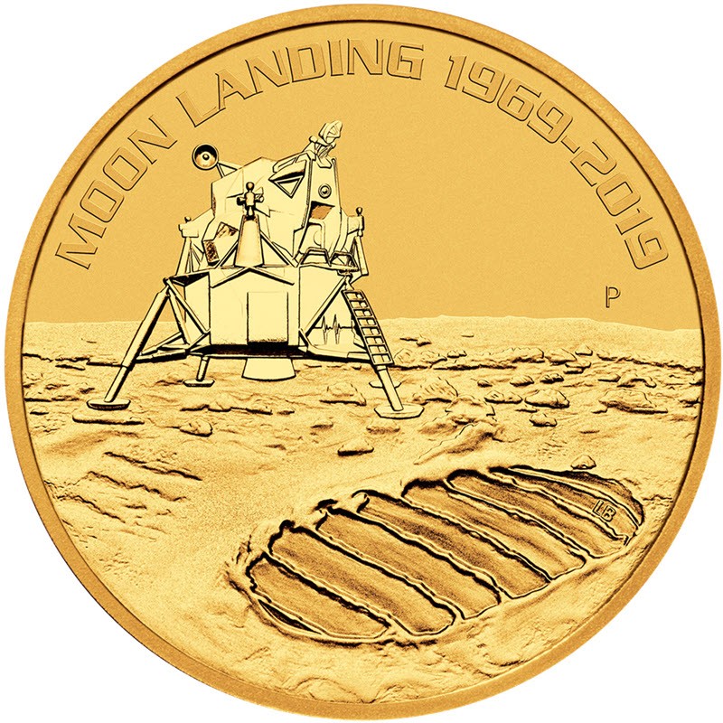 Золотая монета Австралии "50 лет высадке человека на Луну" 2019 г.в., 31,1 г чистого золота (Проба 0,9999)