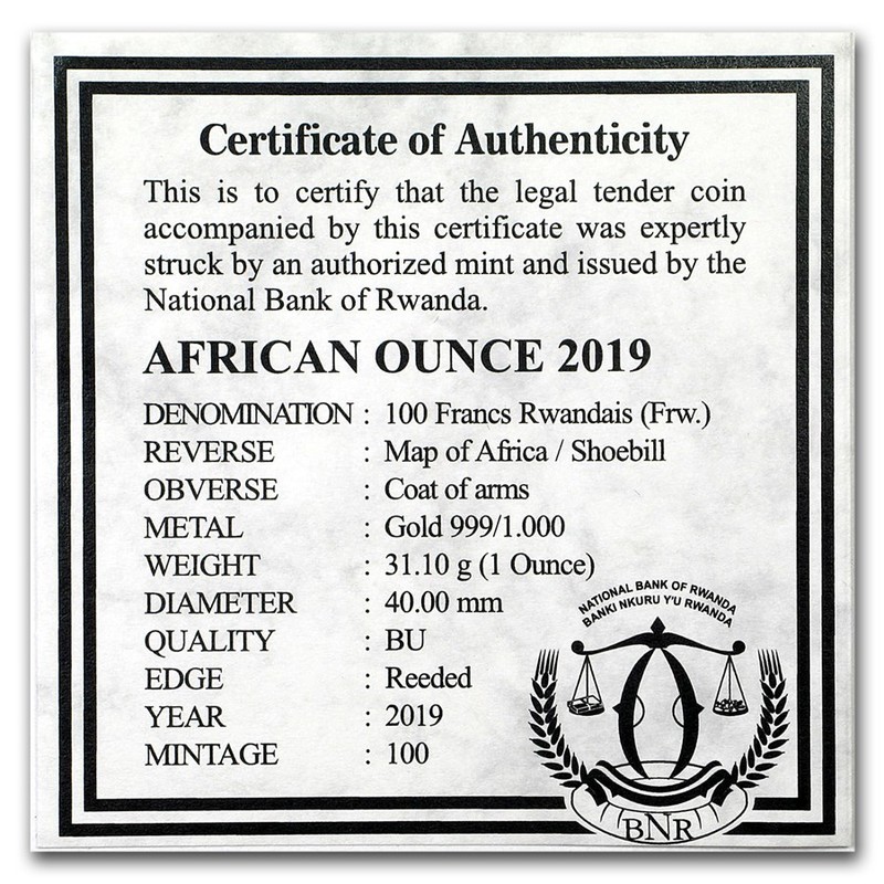 Золотая монета Руанды "Африканский китоглав" 2019 г.в., 31.1 г чистого золота (Проба 0,999)