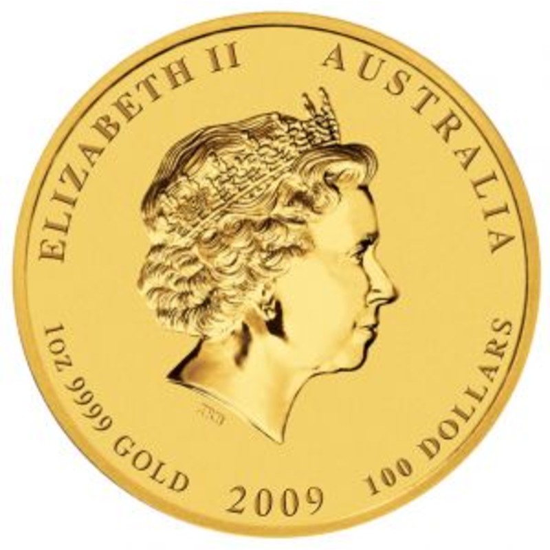 Золотая монета Австралии "Лунар II - год Быка" 2009 г.в., 31.1 г чистого золота (проба 0,9999)