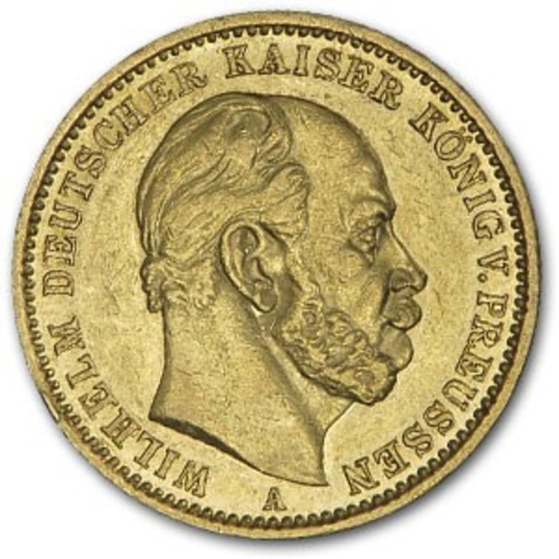 Золотая монета 20 марок Вильгельм I (7,1685 г чистого золота, проба 0,900)