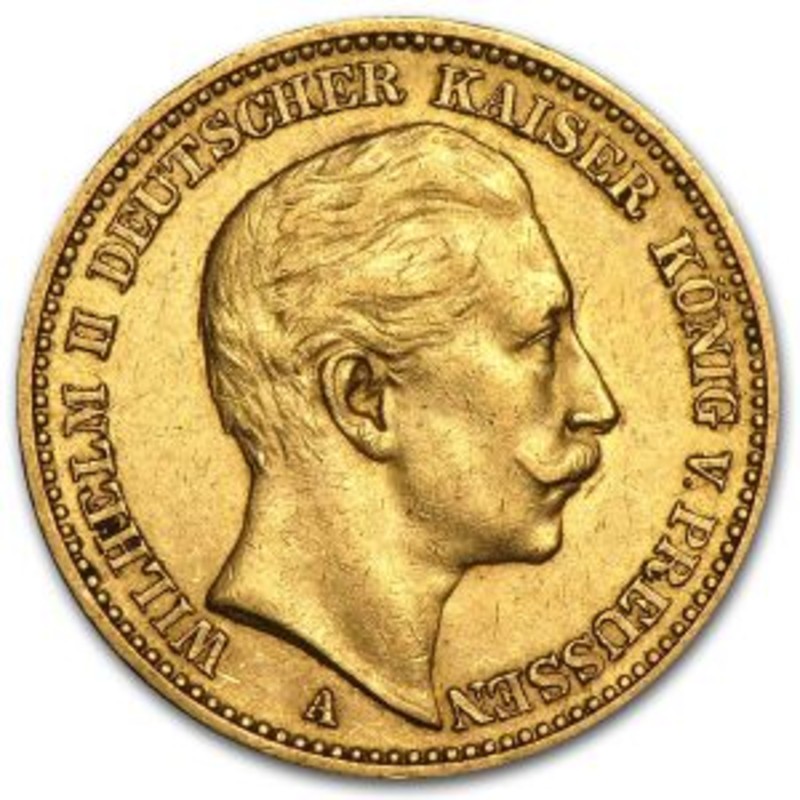 Золотая монета 20 марок Вильгельм ІІ (7,1685 г чистого золота, проба 0,900)